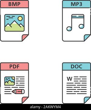 Files format color icons set. Image, audio files, text documents. BMP, MP3, PDF, DOC. Isolated vector illustrations Stock Vector