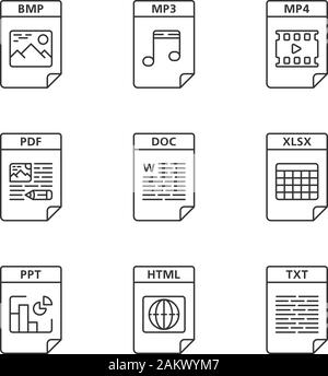 Files format linear icons set. Image, multimedia, text, webpage files. BMP, MP3, MP4, PDF, DOC, XLSX, PPT, HTML, TXT. Thin line contour symbols. Isola Stock Vector