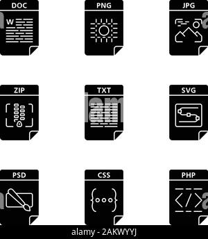 Files format glyph icons set. Text, image, archive, webpage files. DOC, PNG, ZIP, TXT, SVG, PSD, CSS, PHP. Silhouette symbols. Vector isolated illustr Stock Vector