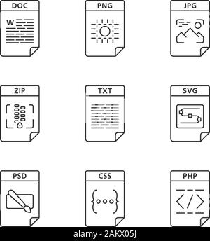 Files format linear icons set. Image, multimedia, text, spreadsheet, webpage files. DOC, PNG, ZIP, TXT, SVG, PSD, CSS. Thin line contour symbols. Isol Stock Vector
