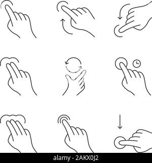 Touchscreen gestures linear icons set. Tap, click, 2x tap, drag. Flick up, flick down. Scroll up, scroll down. Touch and hold. Thin line contour symbo Stock Vector