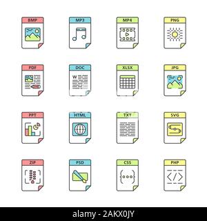 Files format color icons set. Multimedia, text, image, web digital files. BMP, MP3, MP4, PNG, PDF, DOC, XLSX, JPG, PPT, HTML, TXT, SVG, ZIP, PHP, CSS, Stock Vector