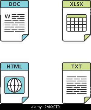 Files format color icons set. Text, web and data files. DOC, XLSX, HTML, TXT. Isolated vector illustrations Stock Vector