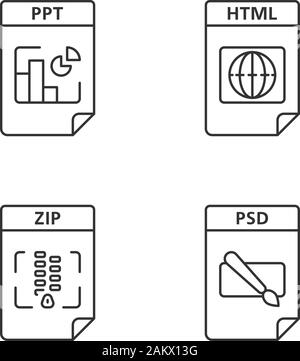 Files format linear icons set. Presentation, webpage, archive, image files. PPT, HTML, ZIP, PSD. Thin line contour symbols. Isolated vector outline il Stock Vector