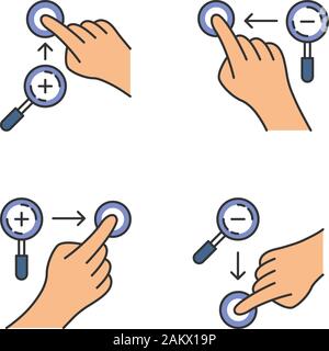 Touchscreen gestures color icons set. Zoom in vertical, zoom out vertical gesturing. Zoom in horizontal and zoom out horizontal. Human fingers. Isolat Stock Vector