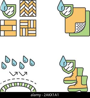 Waterproofing color icons set. Water resistant materials and surfaces. Hydrophobic technology. Impermeable layer. Waterproof flooring and shoes. Liqui Stock Vector