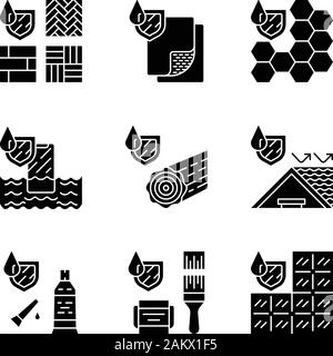 Waterproofing glyph icons set. Water resistant materials, surfaces. Hydrophobic technology. Waterproof flooring, paint, tile, sealant, roof, phone. Li Stock Vector