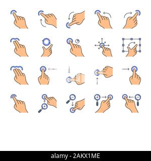 Touchscreen gestures color icons set. Tap, point, 2x tap, 3x click gesturing. Flick, zoom gesture. Vertical, horizontal scroll up, down. Drag finger a Stock Vector