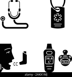 Medical devices glyph icons set. Stethoscope, medical alert ID necklace, inhaler, baby digital thermometer. Heart rate, temperature monitor, ID tag. S Stock Vector