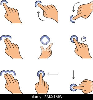 Touchscreen gestures color icons set. Flick left, flick right gesturing. Flick  up and flick down, touch gesture. Human fingers. Isolated vector  illustrations 7693890 Vector Art at Vecteezy