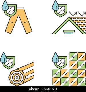 Waterproofing color icons set. Water resistant materials and clothing. Waterproof trousers, roof, wood, tile. Liquid and rain protection. Hydrophobic Stock Vector