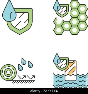 Waterproofing color icons set. Water resistant materials and surfaces. Hydrophobic technology. Waterproof membrane, flooring and phone. Liquid and rai Stock Vector