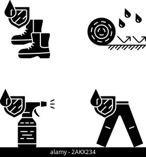 Waterproofing glyph icons set. Water resistant materials. Waterproof shoes, flooring, spray, trousers. Liquid protection. Hydrophobic technology. Silh Stock Vector