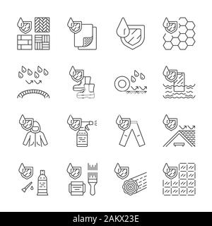 Waterproofing linear icons set. Water resistant materials, fabric. Waterproof flooring, membrane, sealant, paint. Thin line contour symbols. Isolated Stock Vector