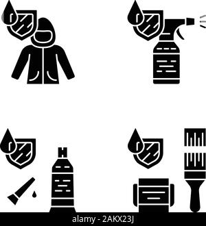 Waterproofing glyph icons set. Water resistant materials, clothing. Waterproof coat, spray, sealant, paint. Liquid protection. Hydrophobic technology. Stock Vector