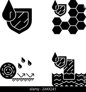 Waterproofing glyph icons set. Water resistant materials and surfaces. Waterproof membrane, flooring and phone. Liquid and rain protection. Silhouette Stock Vector