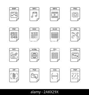 Files format linear icons set. Multimedia, text, web digital files. MP3, MP4, PNG, PDF, DOC, XLSX, JPG, HTML, ZIP. Thin line contour symbols. Isolated Stock Vector
