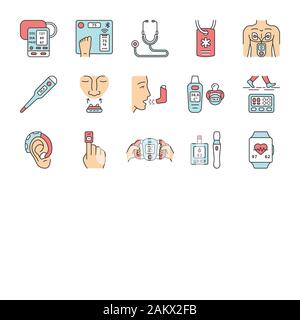 Medical devices color icons set. Stethoscope, medical alert ID, inhaler, oximeter, digital thermometer, pedometer, blood sugar monitor, hearing amplif Stock Vector