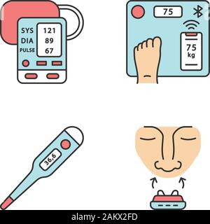Medical devices color icons set. Blood pressure monitor, body weight smart scales, digital thermometer, anti snoring nose clip. Temperature, pulse, bo Stock Vector
