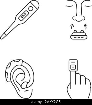 Medical devices linear icons set. Digital thermometer, anti snoring clip, hearing amplifier, finger pulse oximeter. Thin line contour symbols. Isolate Stock Vector