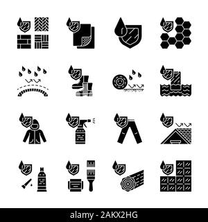 Waterproofing glyph icons set. Water resistant, repellent materials, fabric and surfaces. Waterproof coat, spray and boots. Raincoat, shoes. Silhouett Stock Vector