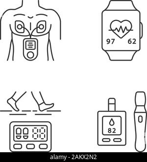 Medical devices linear icons set. Muscle stimulator, heart rate monitor, pedometer, blood sugar test. Fitness tracker. Thin line contour symbols. Isol Stock Vector