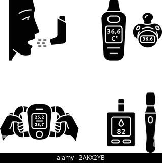 Medical devices glyph icons set. Inhaler, baby thermometer, body fat monitor, blood sugar test. Breathing trainer, temperature monitor, glucometer. Si Stock Vector