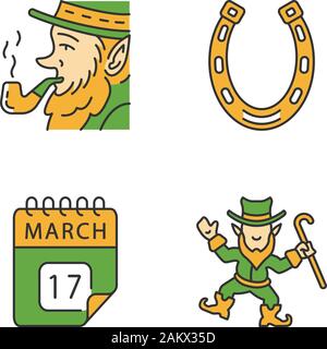 Saint Patrick's Day color icons set. Feast of St. Patrick. Leprechauns, horseshoe, March 17 calendar date. Isolated vector illustrations Stock Vector