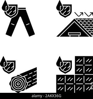 Waterproofing glyph icons set. Water resistant materials, clothing. Waterproof trousers, roof, wood, tile. Liquid protection. Hydrophobic technology. Stock Vector