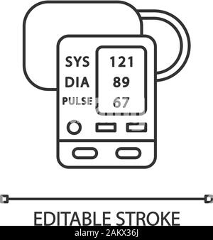 Digital upper arm blood pressure monitor linear icon. Oximeter. Pulse, heart rate control medical device. Thin line illustration. Contour symbol. Vect Stock Vector