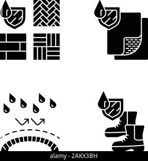 Waterproofing glyph icons set. Water resistant materials and surfaces. Waterproof flooring, shoes. Liquid and rain protection. Hydrophobic technology. Stock Vector