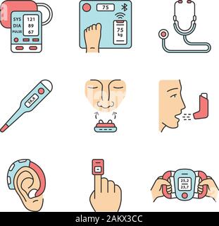 Medical devices color icons set. Blood pressure monitor, body weight smart scales, thermometer, anti snoring nose clip, inhaler, hearing amplifier, fi Stock Vector