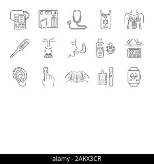 Medical devices linear icons set. Stethoscope, inhaler, oximeter, thermometer, pedometer, glucometer, smart scales. Thin line contour symbols. Isolate Stock Vector