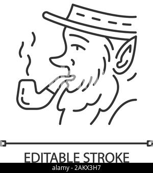 Leprechaun with pipe linear icon. Thin line illustration. Irish mythology character. Saint Patrick's Day contour symbol. Vector isolated outline drawi Stock Vector