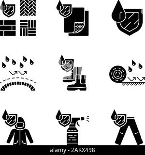 Waterproofing glyph icons set. Water resistant materials, fabric. Hydrophobic technology. Waterproof flooring, spray, coat, trousers. Liquid protectiv Stock Vector