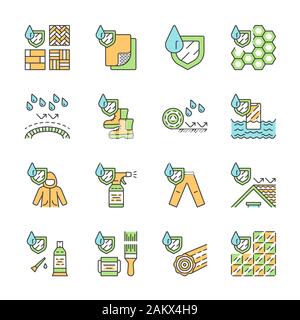 Waterproofing color icons set. Water resistant materials, fabric, surfaces. Waterproof flooring, membrane, sealant, paint, raincoat, log, roof, phone, Stock Vector