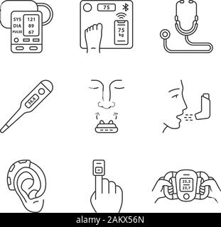 Medical devices linear icons set. Blood pressure monitor, body weight smart scales, inhaler, finger pulse oximeter. Thin line contour symbols. Isolate Stock Vector