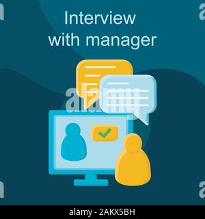 Interview with manager flat concept vector icon. Online job interviewing idea cartoon color illustrations set. Employment, recruitment. Communication, Stock Vector