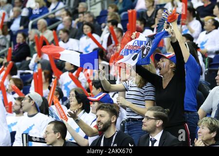 Berlin, Germany, January 14, 2019: France flags hoisted from France fans during the Men's Handball World Cup 2019 at the Mercedes-Benz Arena in Berlin Stock Photo