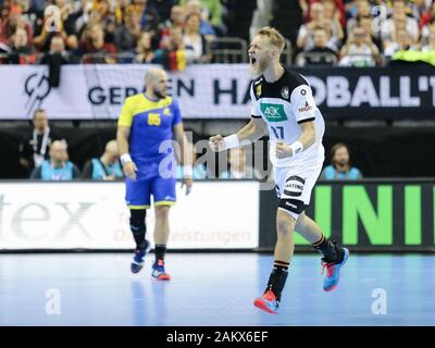 Berlin, Germany, January 12, 2019: German handball player Matthias Musche exults during the Men's Handball World Cup 2019 at the Mercedes-Benz Arena Stock Photo