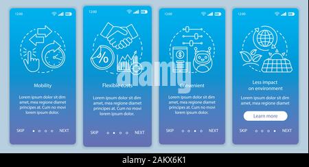 Advantages of online tools onboarding mobile app page screen with linear concepts. Mobility, flexible cost, convenient walkthrough steps graphic instr Stock Vector