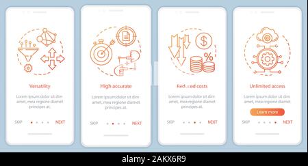 Benefits of digital product onboarding mobile app page screen with linear concepts. Advantages of technologies walkthrough steps graphic instructions. Stock Vector