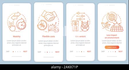 Advantages onboarding mobile app page screen with linear concepts. Mobility, expenses, convenient, eco walkthrough steps graphic instructions. UX, UI, Stock Vector