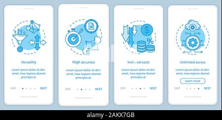Business digital tools onboarding mobile app page screen with linear concepts. Strategic advantages walkthrough steps graphic instructions. UX, UI, GU Stock Vector