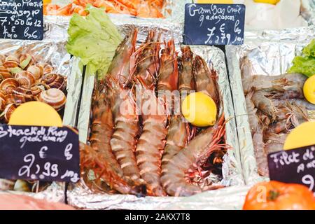 Raw uncooked large shrimp for sale at farmers market. Sea food market. Stock photo large shrimps and snails in foil boxes on market in Paris, France Stock Photo