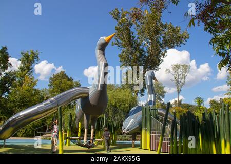 8 - 18 2019 Tulsa USA The Gathering Place - Award winning public theme park in Oklahoma - Giant wooden geese with slides and climbing nexts tower into Stock Photo