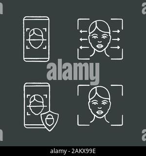 Facial recognition chalk icons set. Biometric identification. Face lock and banking facial recognition smartphone apps, reader, scanning software. Iso Stock Vector