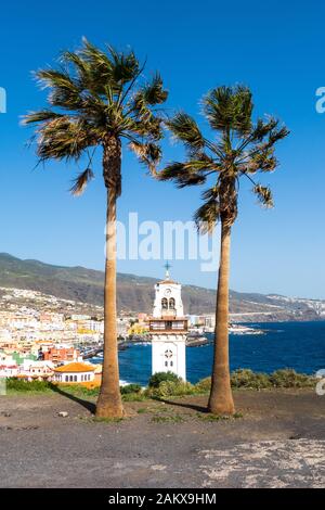 Beautiful view on Bell tower of Basilica de Nuestra Senora de Candelaria (Church) in Candelaria town, Tenerife, Canary Island, Spain Stock Photo