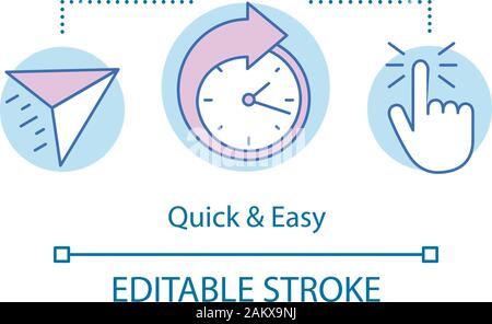Quick and easy concept icon. Finger tap, paper plane, clock watch.  Speed digital technology. Online business advantage idea thin line illustration. V Stock Vector