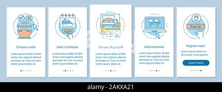 Cruise booking onboarding mobile app page screen, linear concepts. Travel agency walkthrough steps graphic instructions. Voyage, trip planning. UX, UI Stock Vector